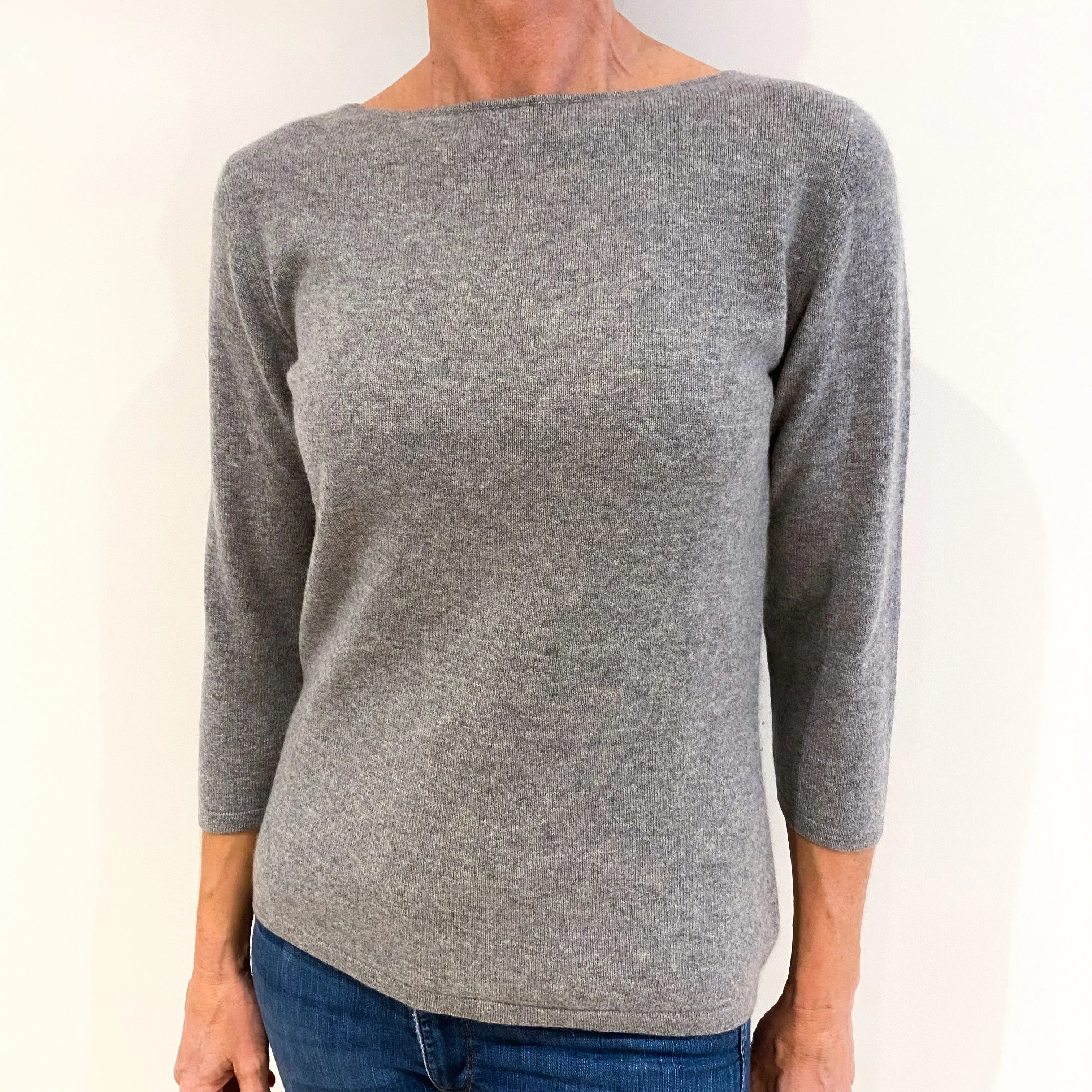 Smoke Grey 3/4 Sleeve Cashmere Boat Neck Jumper