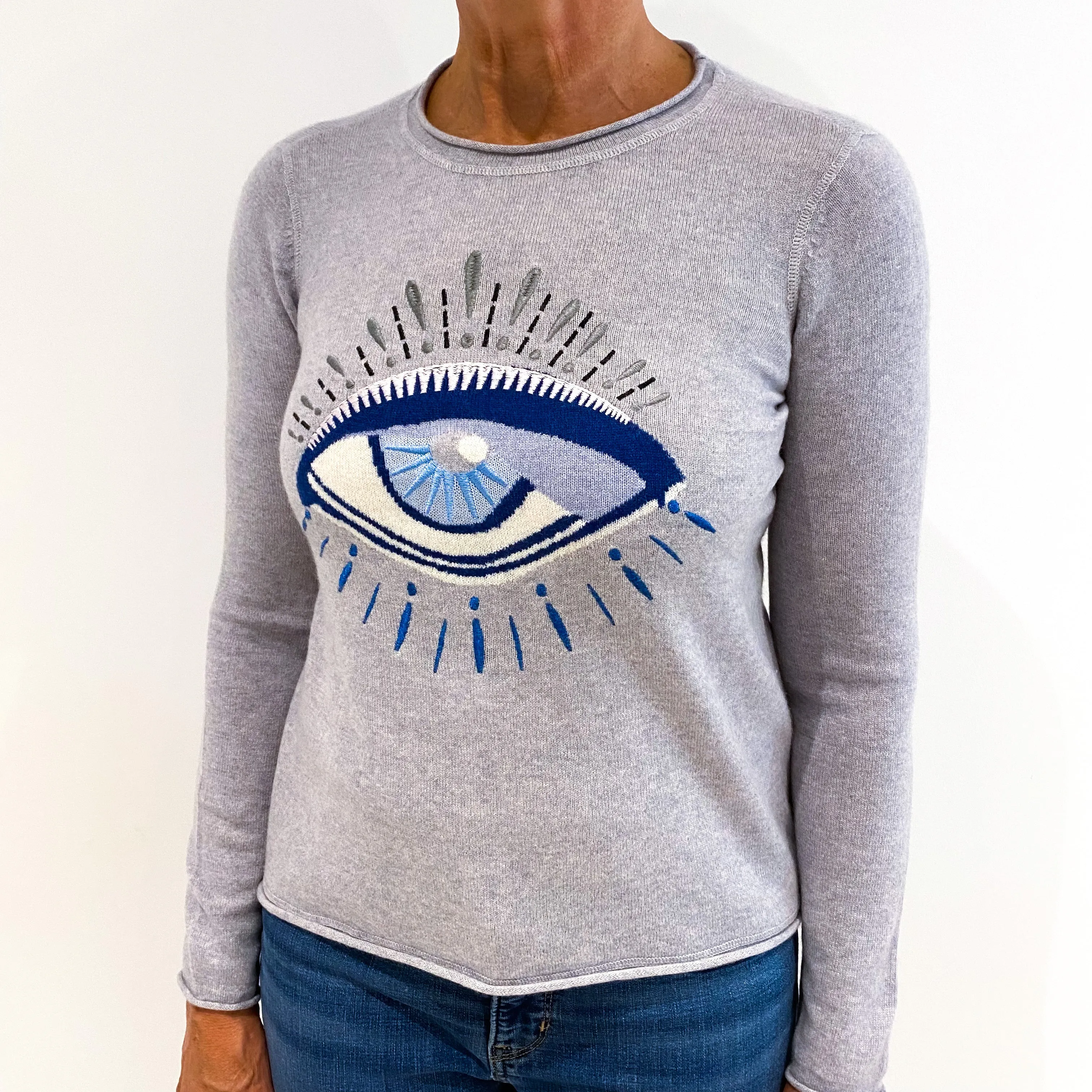 Smoke Grey Embroidered ‘Eye’ Design Cashmere Crew Neck Jumper Medium