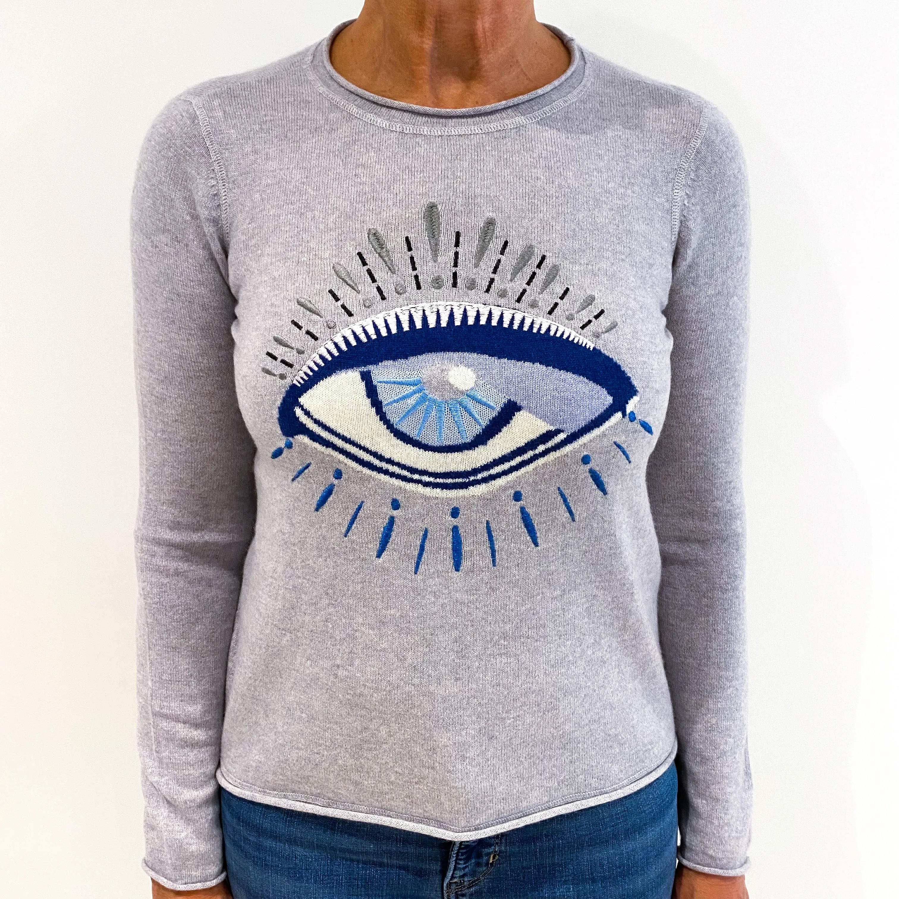 Smoke Grey Embroidered ‘Eye’ Design Cashmere Crew Neck Jumper Medium