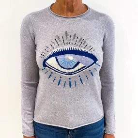 Smoke Grey Embroidered ‘Eye’ Design Cashmere Crew Neck Jumper Medium