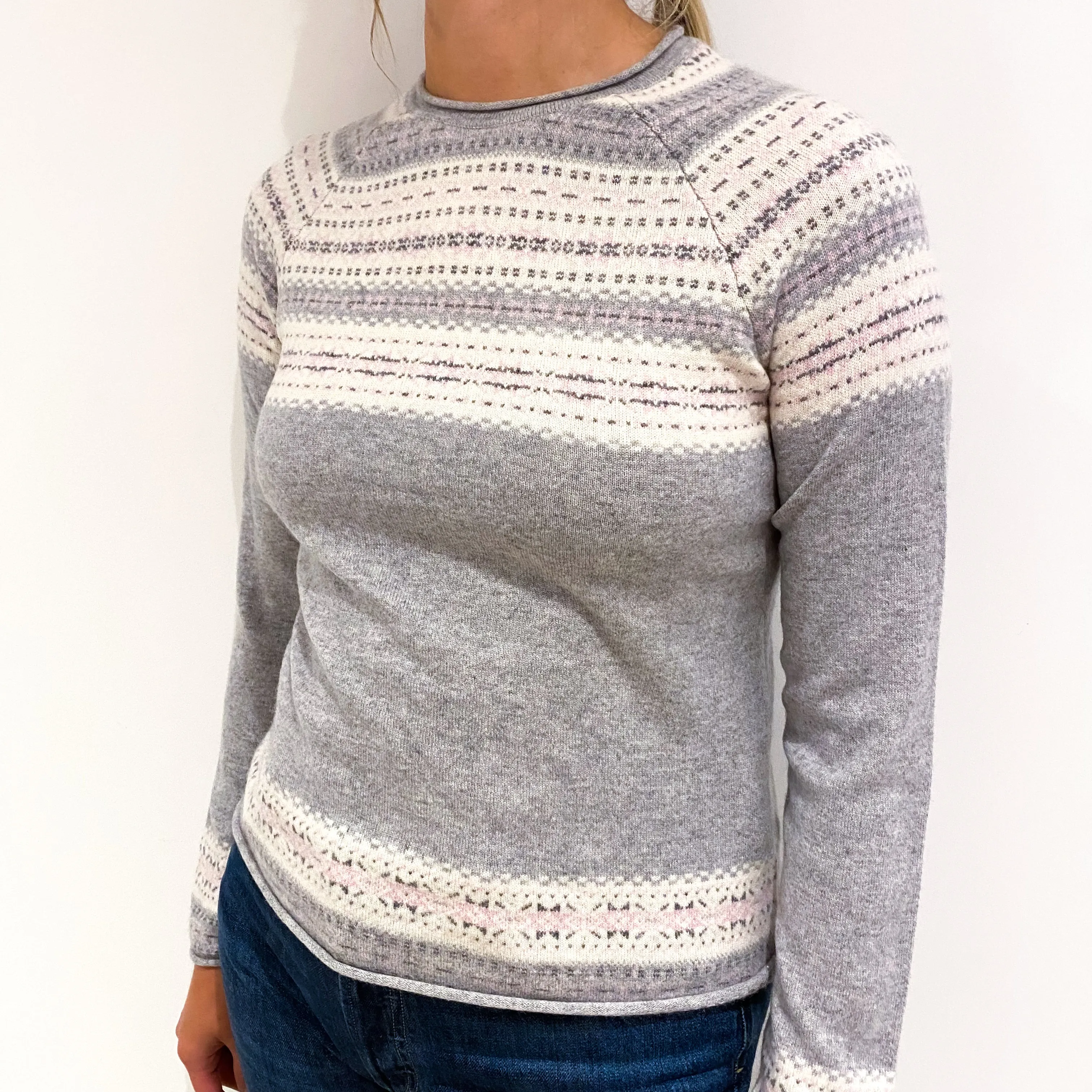Smoke Grey Fair Isle Pattern Cashmere Crew Neck Jumper Small