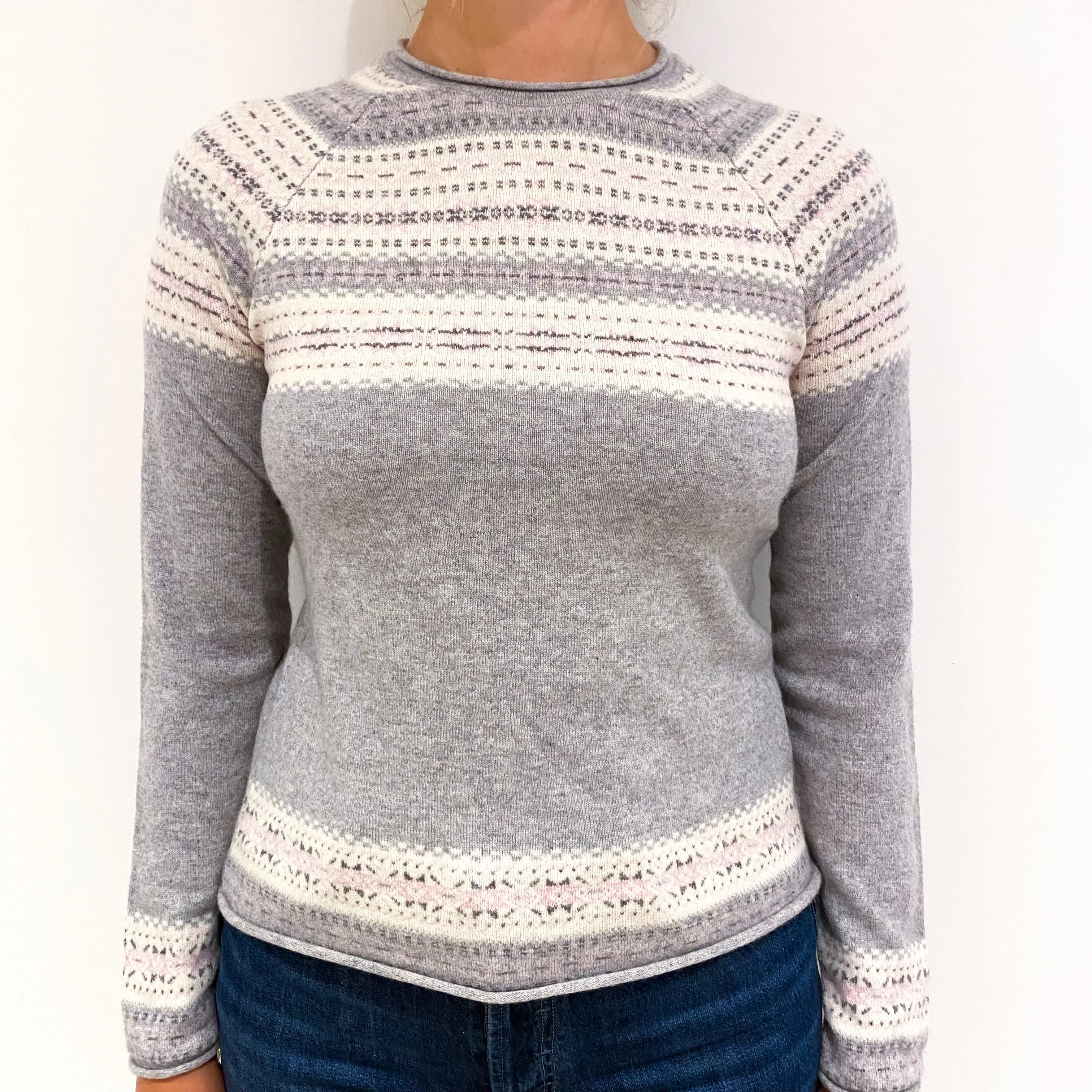 Smoke Grey Fair Isle Pattern Cashmere Crew Neck Jumper Small