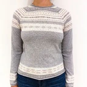 Smoke Grey Fair Isle Pattern Cashmere Crew Neck Jumper Small