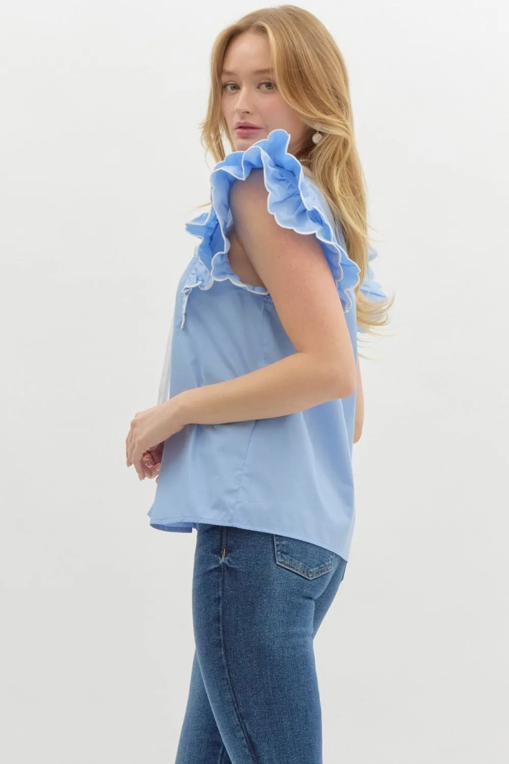 Solid Scallop Ruffle Sleeve V Neck Top by Entro