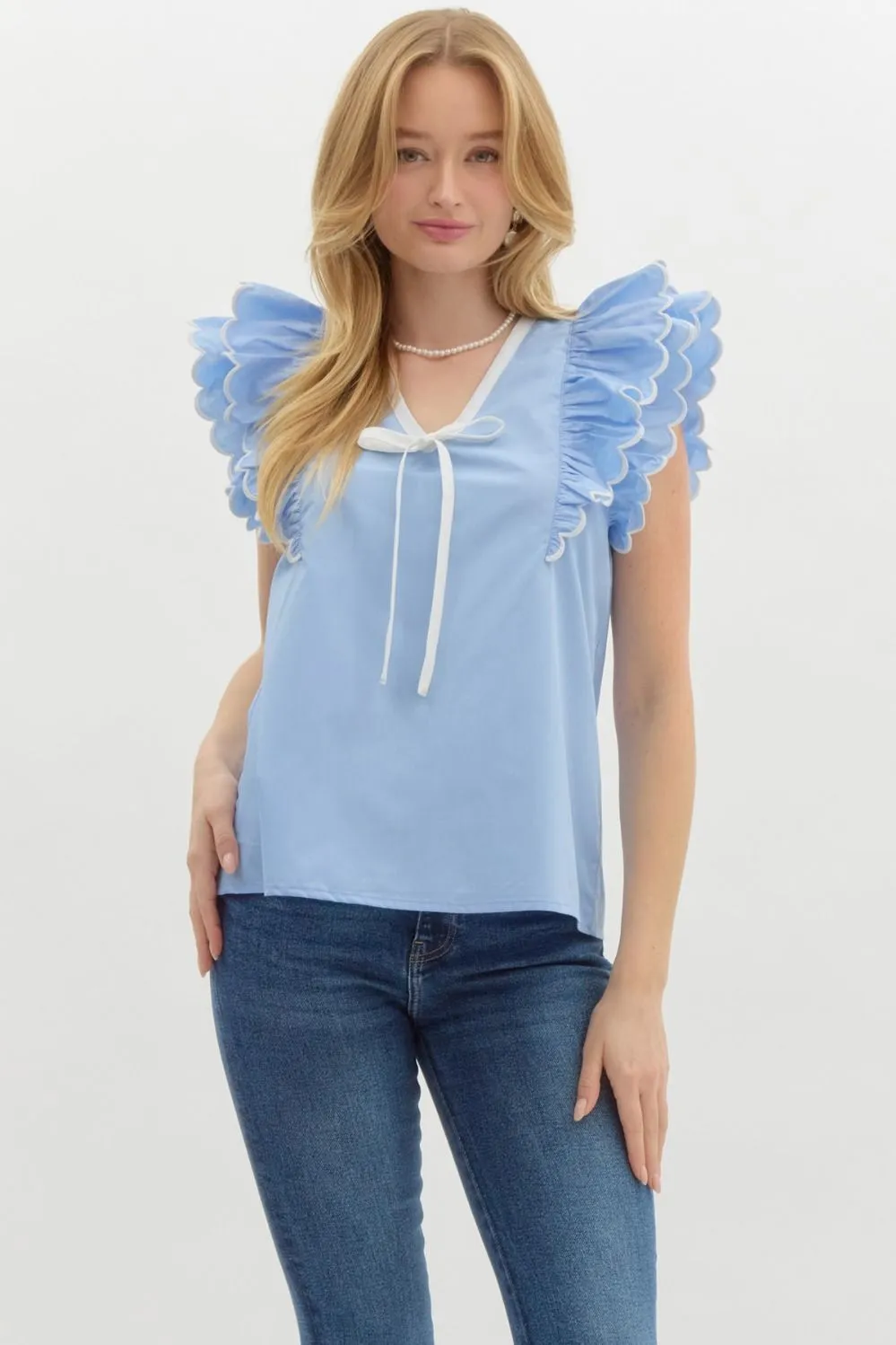 Solid Scallop Ruffle Sleeve V Neck Top by Entro
