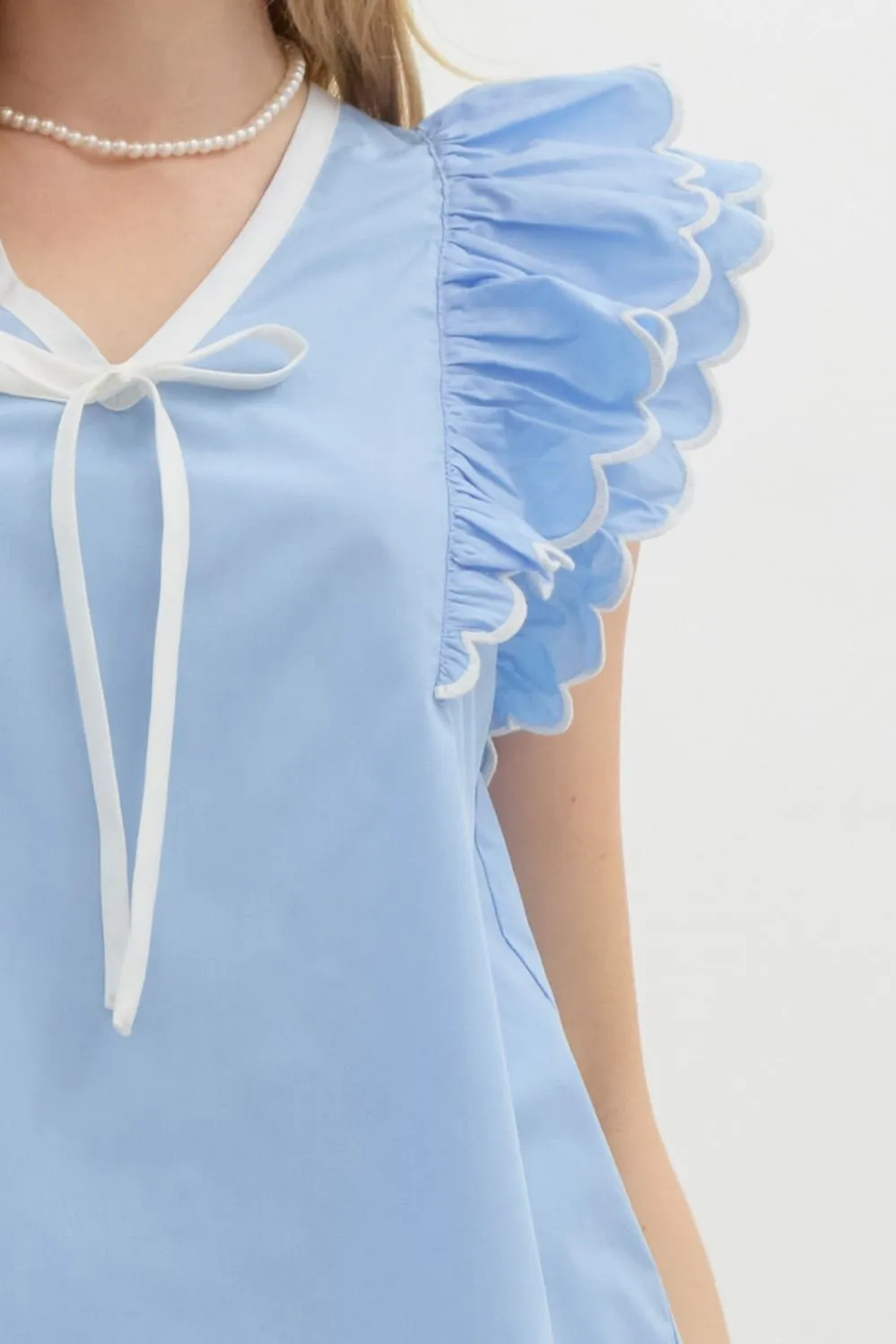 Solid Scallop Ruffle Sleeve V Neck Top by Entro