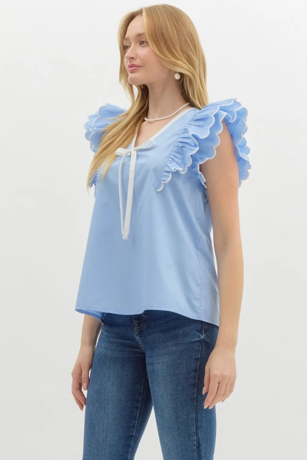 Solid Scallop Ruffle Sleeve V Neck Top by Entro