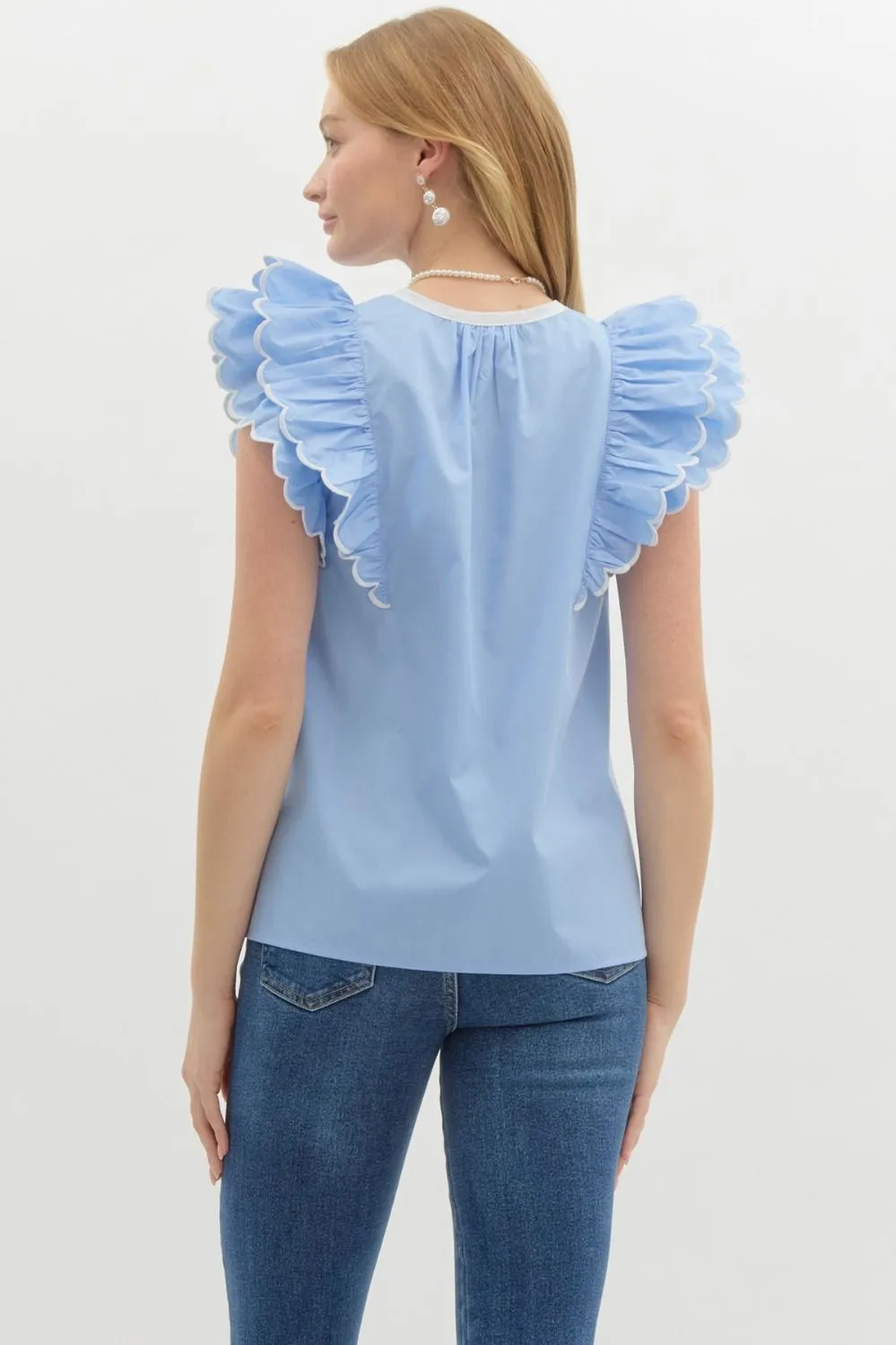 Solid Scallop Ruffle Sleeve V Neck Top by Entro