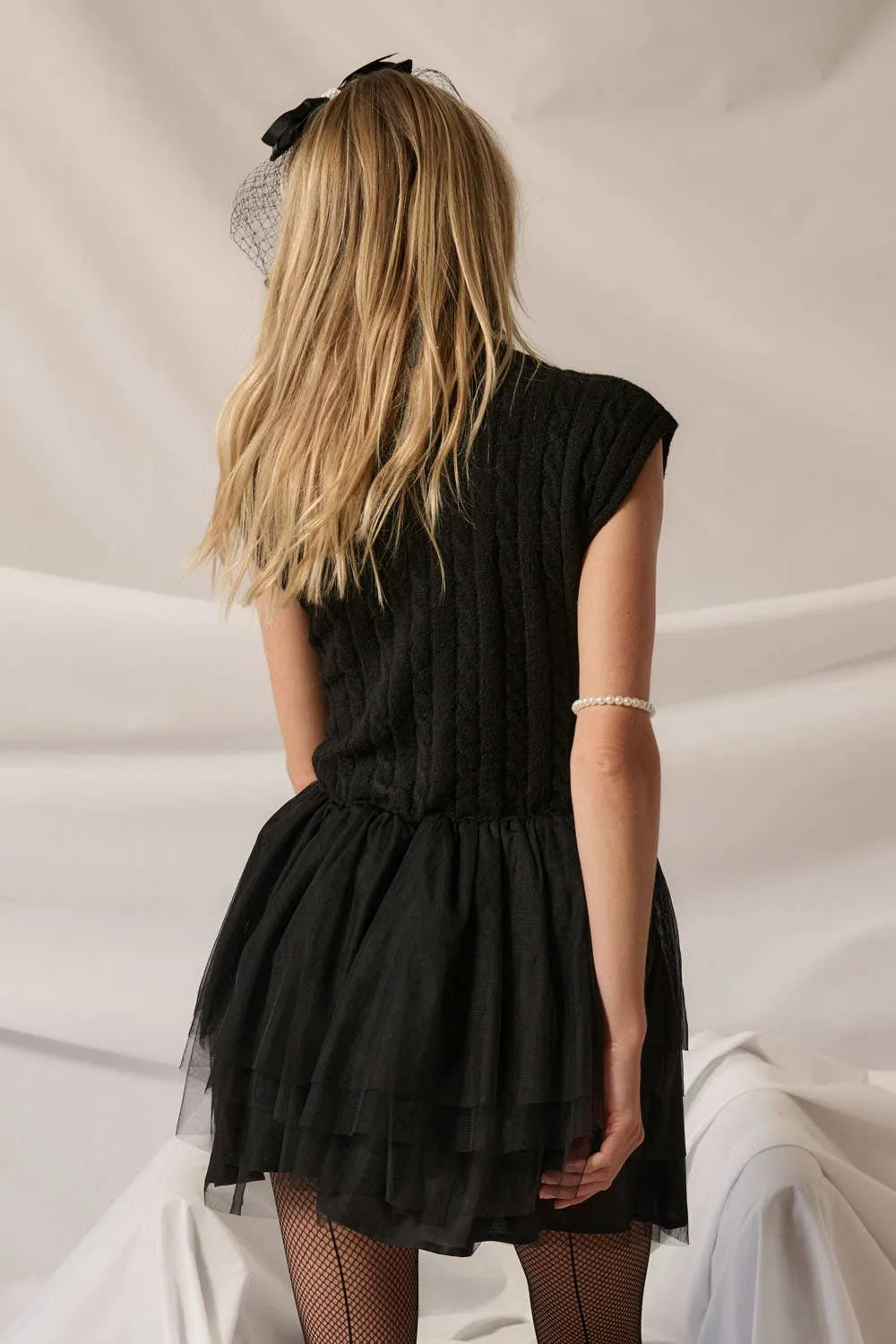 Tess - Turtleneck Sweater Bodice Ruffled Tulle Mini Dress