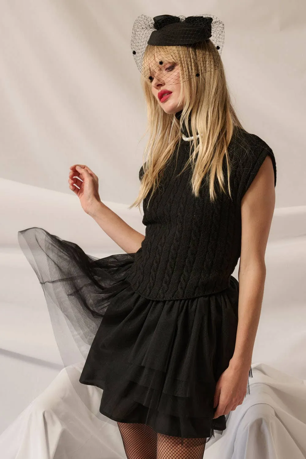 Tess - Turtleneck Sweater Bodice Ruffled Tulle Mini Dress