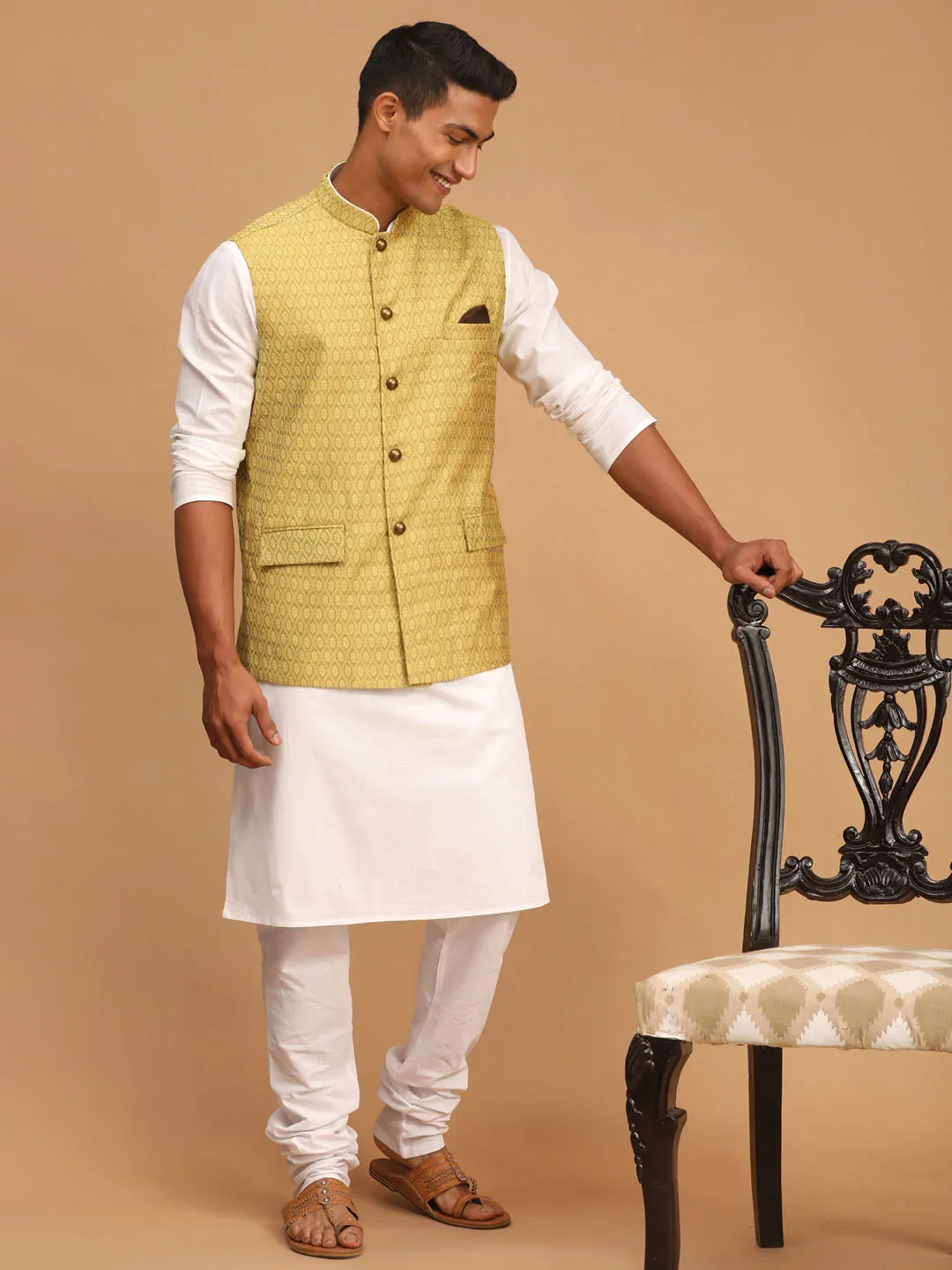 VASTRAMAY Men's Yellow Jacquard Nehru Jacket with Kurta Pyjama Set