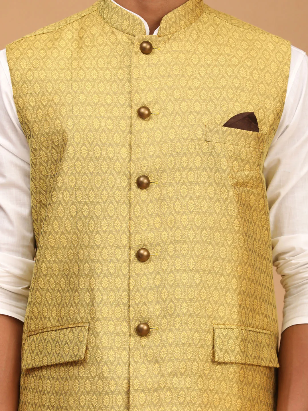 VASTRAMAY Men's Yellow Jacquard Nehru Jacket with Kurta Pyjama Set