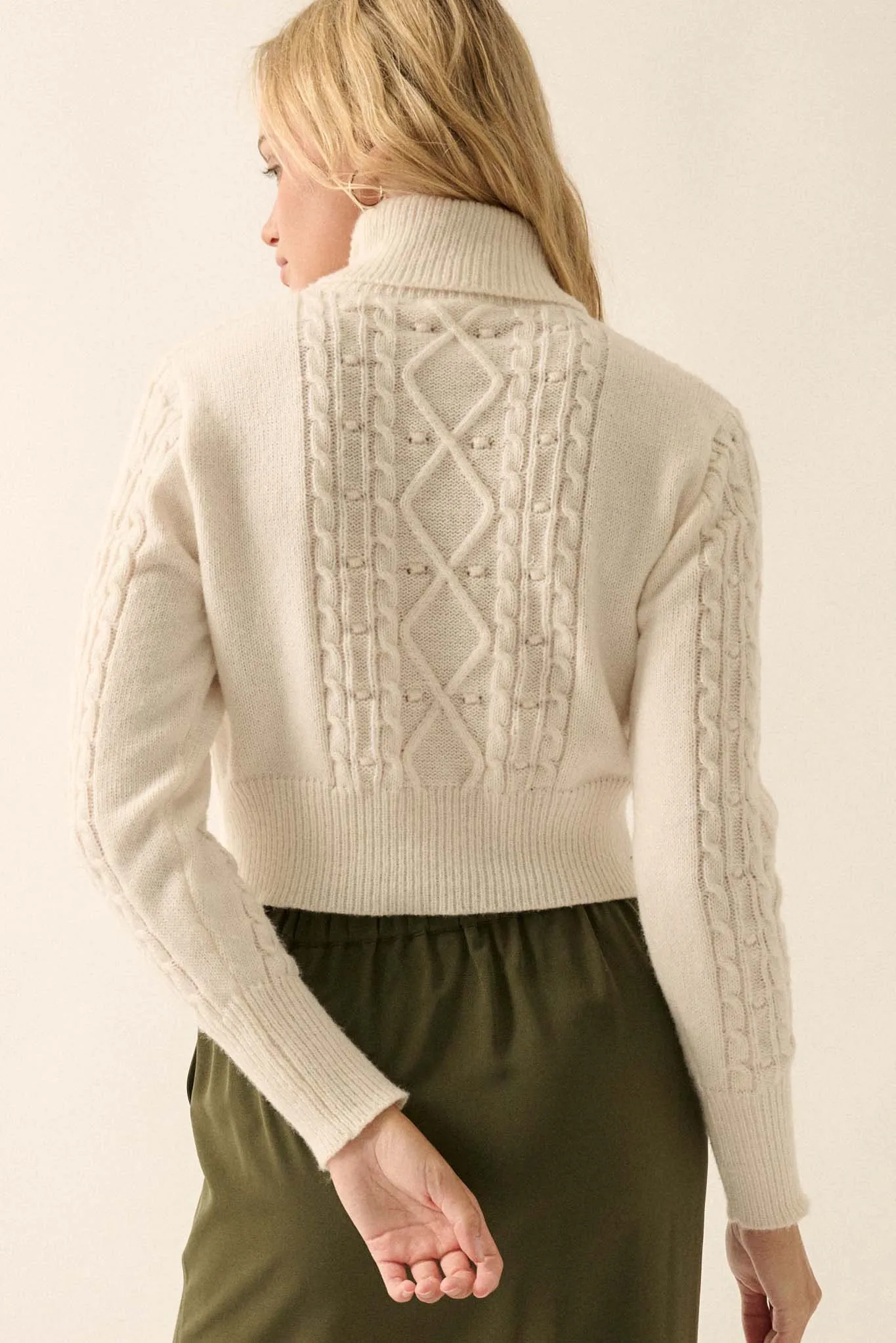 Way of Life Cropped Cable Knit Turtleneck Sweater