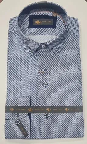 White Label Long Sleeve Fish Pattern Formal Shirt - Blue/White