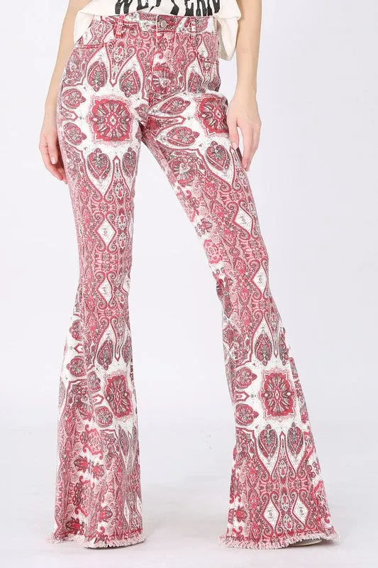 Wine Paisley Print Flared Pants