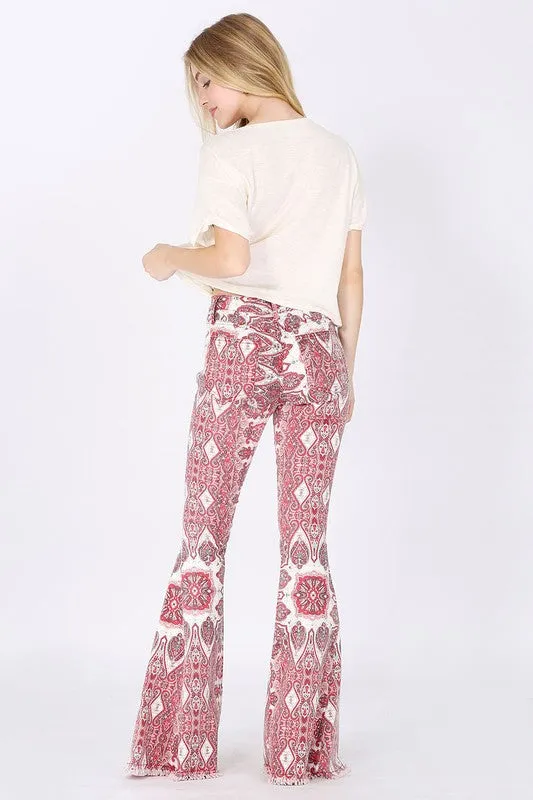 Wine Paisley Print Flared Pants