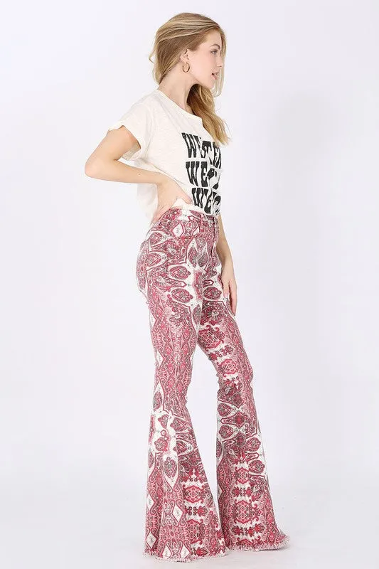 Wine Paisley Print Flared Pants