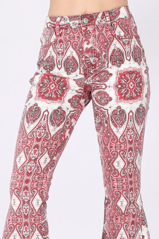 Wine Paisley Print Flared Pants