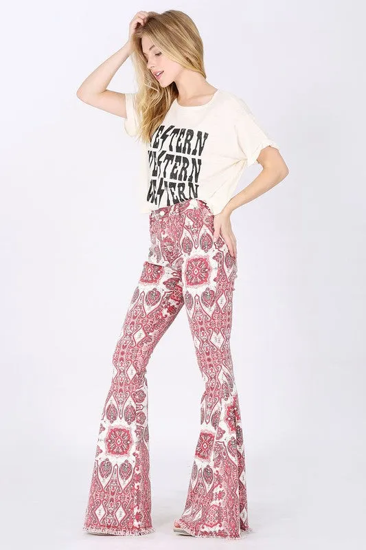 Wine Paisley Print Flared Pants