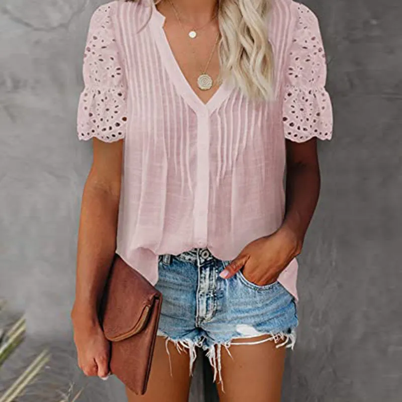 Women's V-Necklace Stitching Pleated Shirt