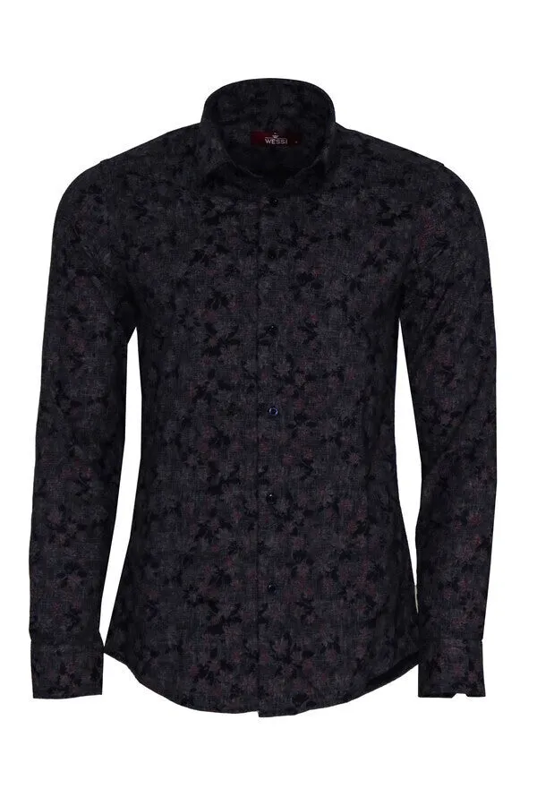 WSS Bloom Patterned Slim Fit Navy Blue Men Shirt  - Singen