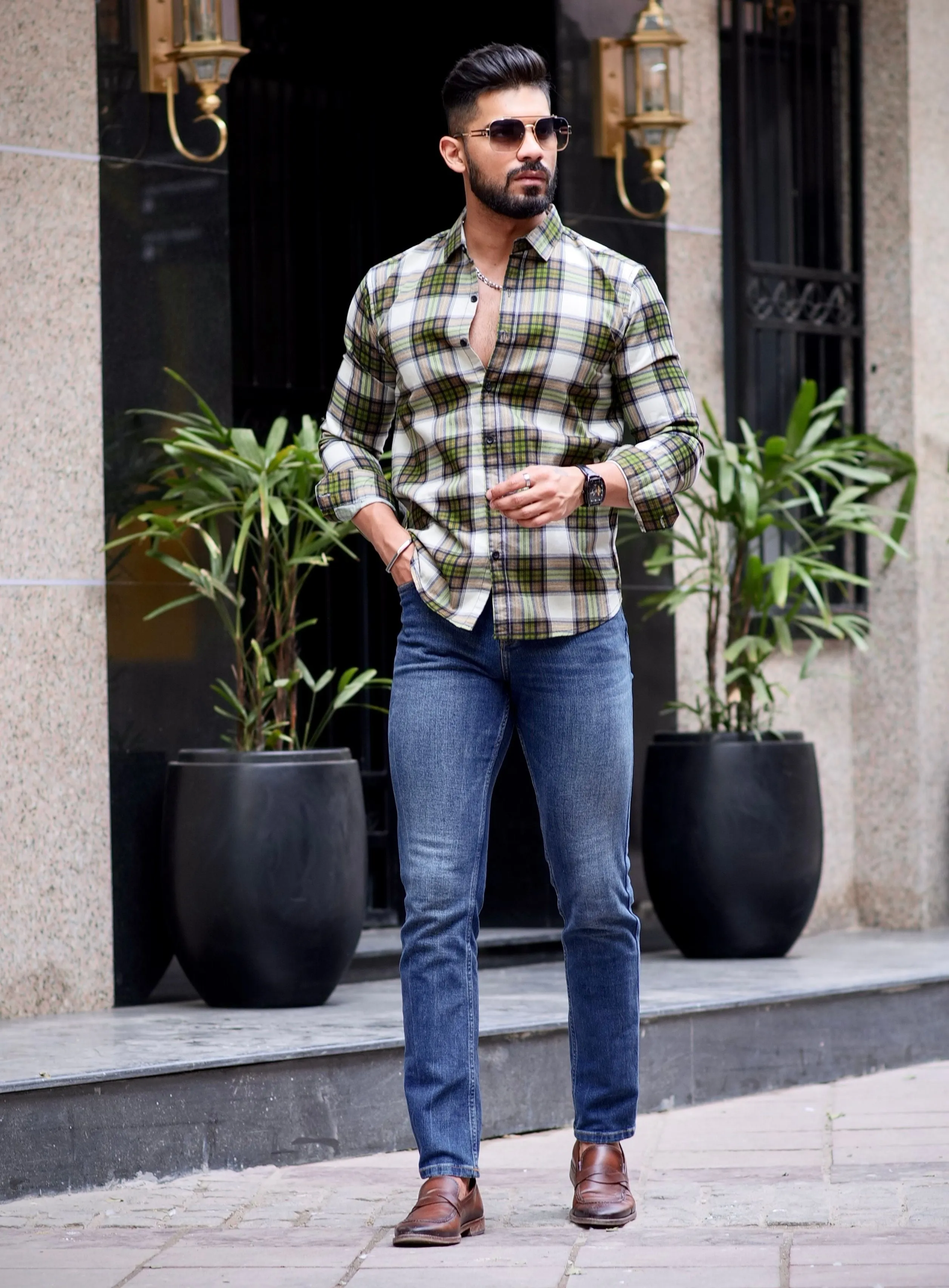 Yellow Check Printed Cotton Shirt For Men's