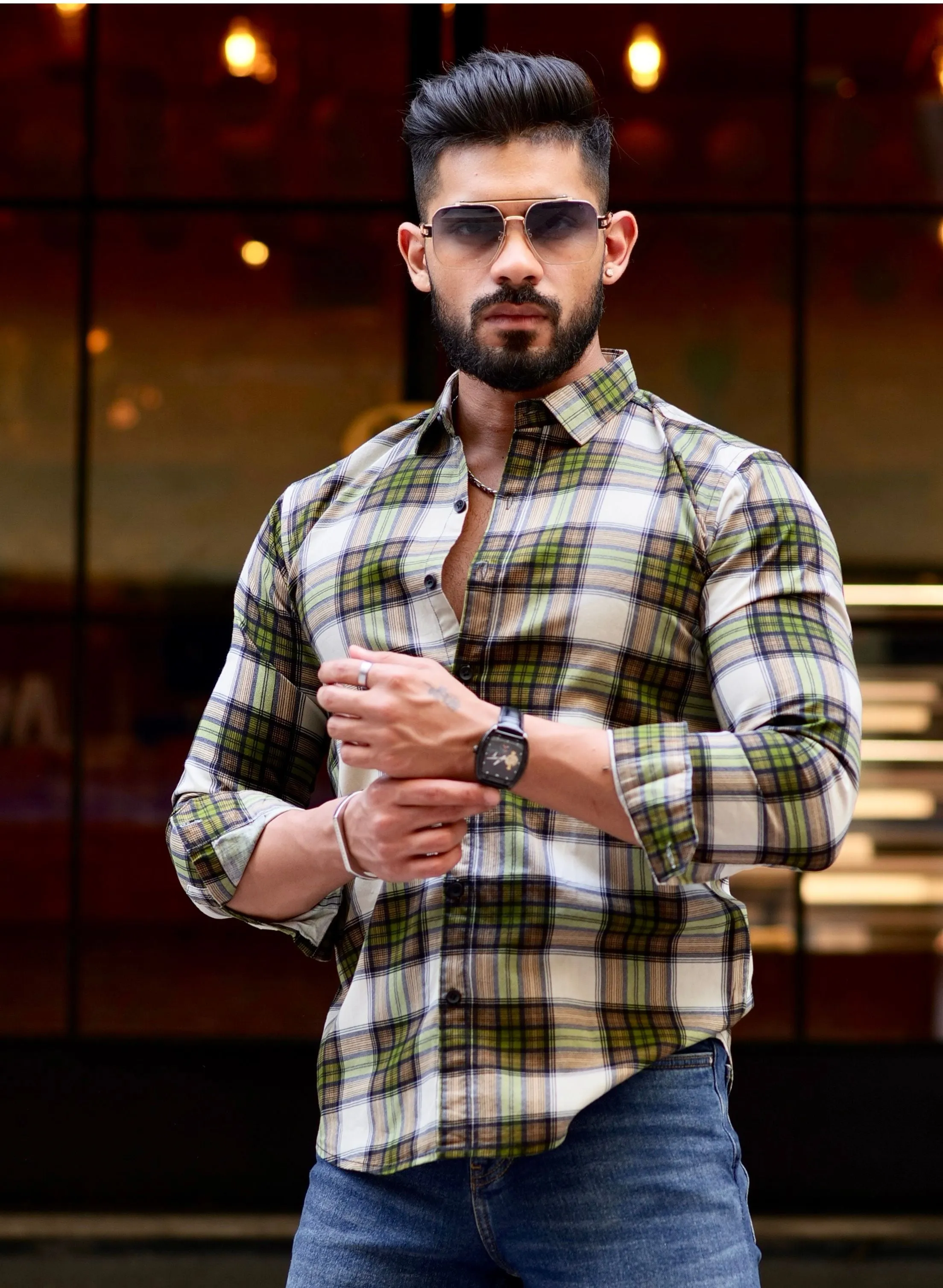 Yellow Check Printed Cotton Shirt For Men's