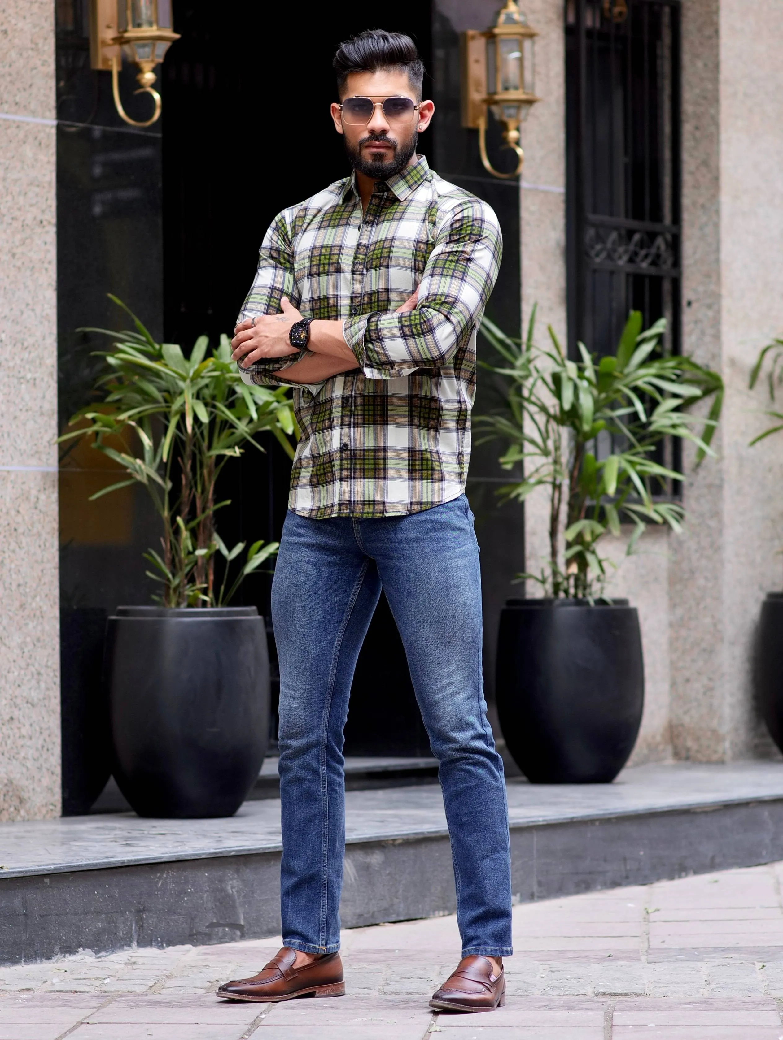 Yellow Check Printed Cotton Shirt For Men's