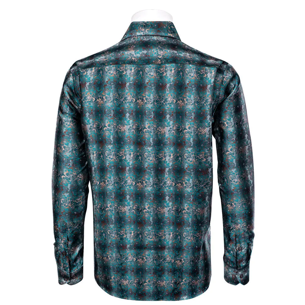 YourTies $19.99 Shirt for Men Midnight Green Floral Silk Long Sleeve Button Down Shirt