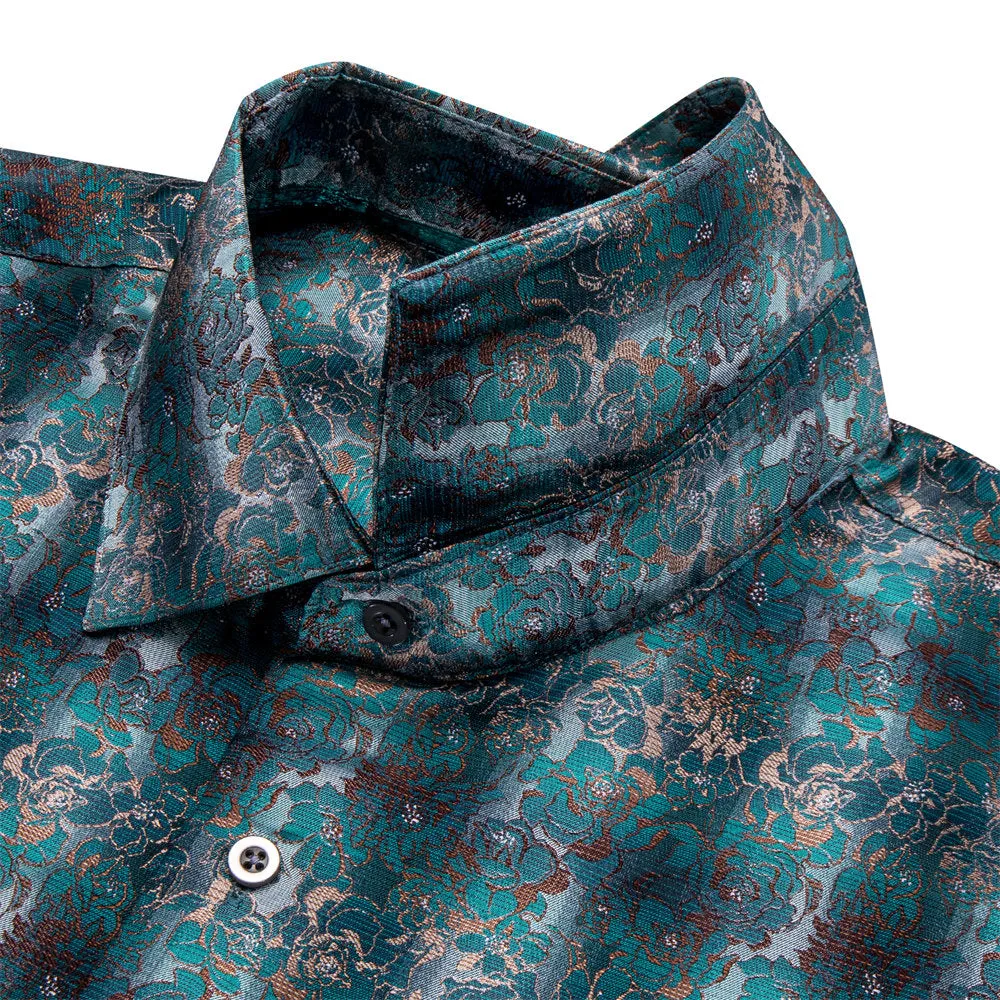 YourTies $19.99 Shirt for Men Midnight Green Floral Silk Long Sleeve Button Down Shirt