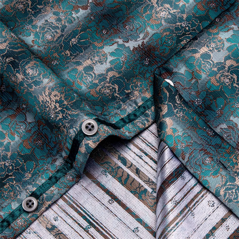 YourTies $19.99 Shirt for Men Midnight Green Floral Silk Long Sleeve Button Down Shirt