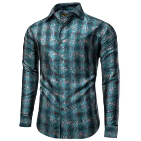 YourTies $19.99 Shirt for Men Midnight Green Floral Silk Long Sleeve Button Down Shirt