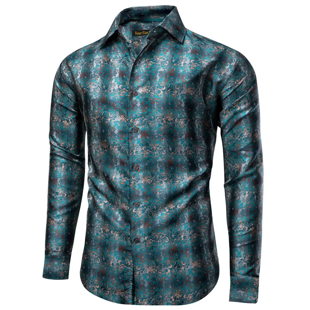 YourTies $19.99 Shirt for Men Midnight Green Floral Silk Long Sleeve Button Down Shirt