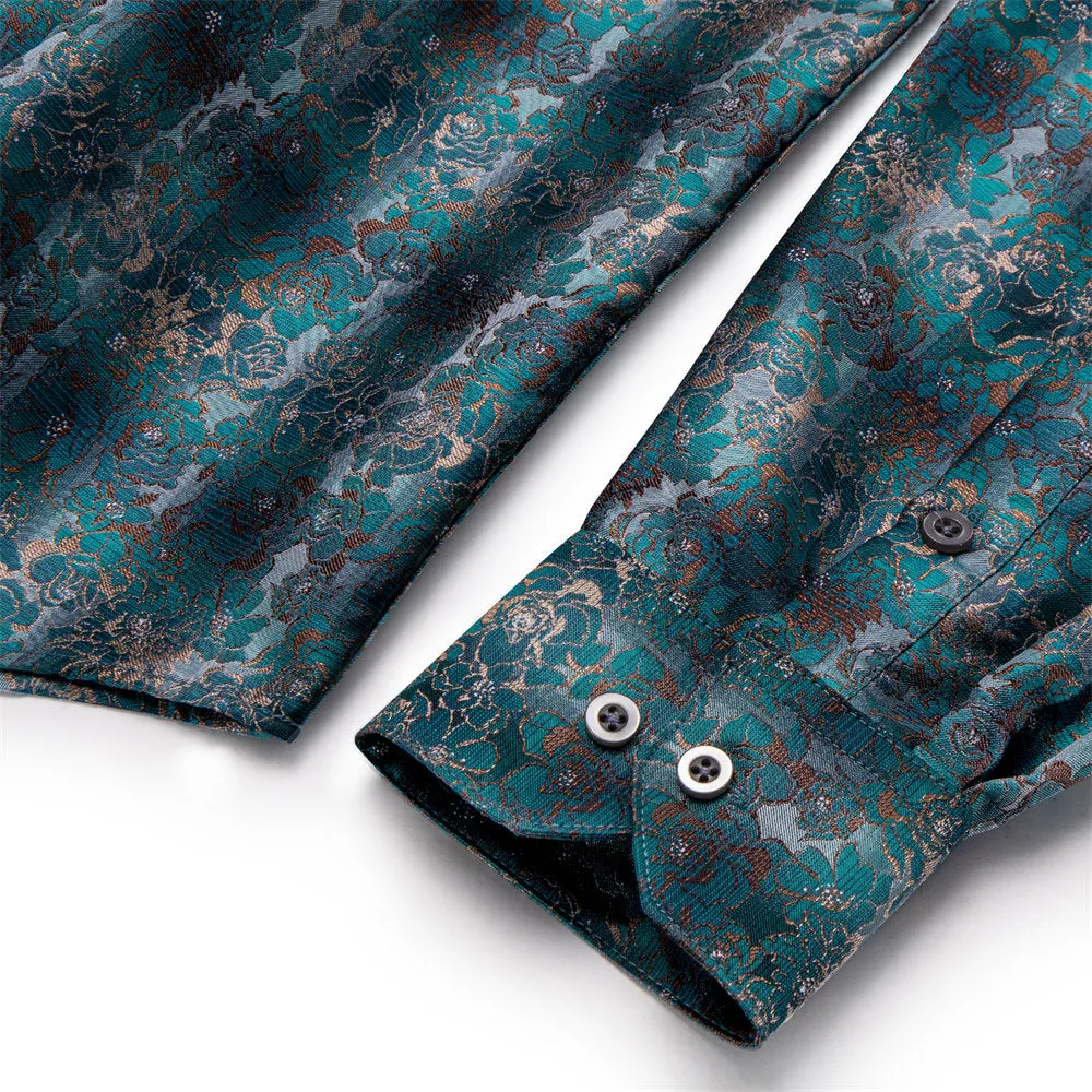 YourTies $19.99 Shirt for Men Midnight Green Floral Silk Long Sleeve Button Down Shirt