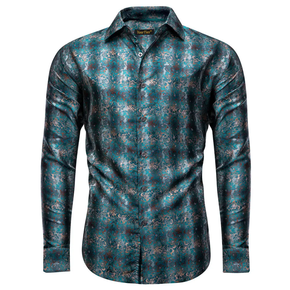 YourTies $19.99 Shirt for Men Midnight Green Floral Silk Long Sleeve Button Down Shirt
