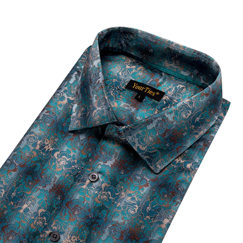 YourTies $19.99 Shirt for Men Midnight Green Floral Silk Long Sleeve Button Down Shirt