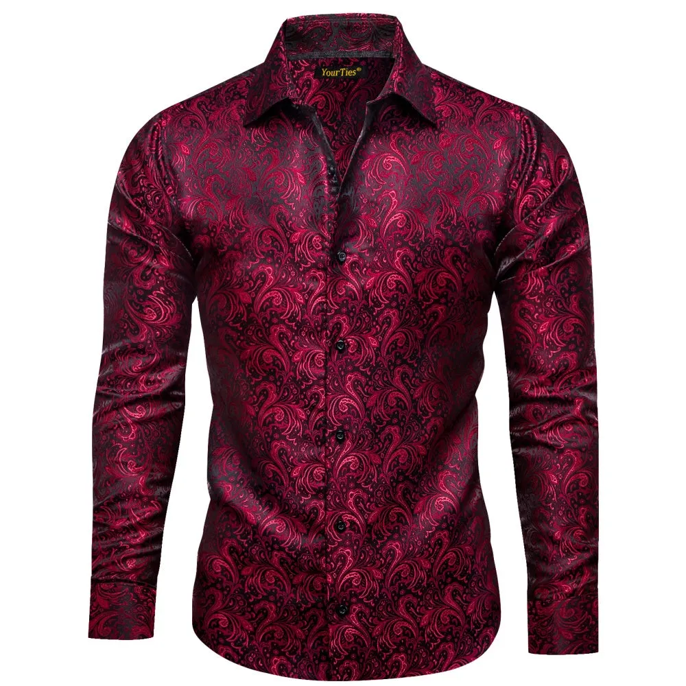 YourTies Burgundy Long Sleeve Top Jacquard Paisley Men's Dress Shirt