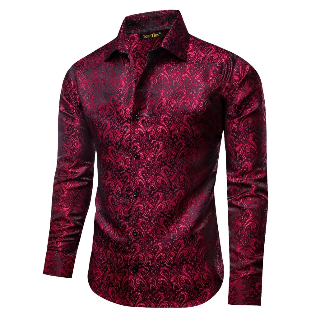 YourTies Burgundy Long Sleeve Top Jacquard Paisley Men's Dress Shirt